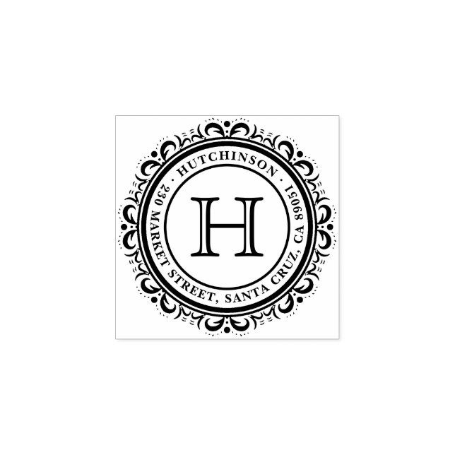 Family Name | Deco Flourish Round Return Address Rubber Stamp (Imprint)