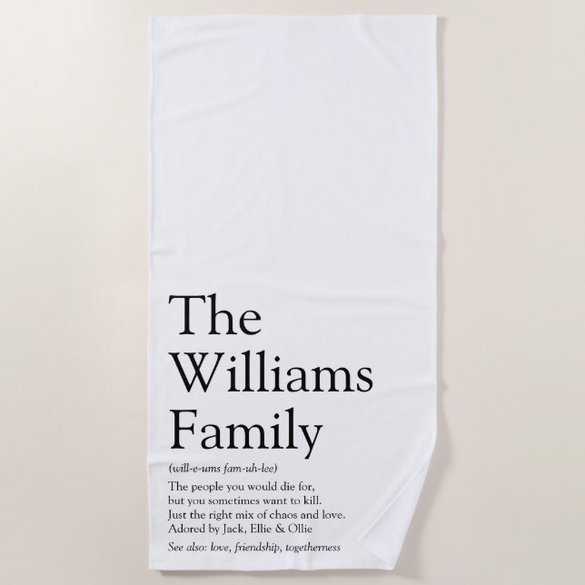 Family Name Definition Black and White Fun Beach Towel (Front)