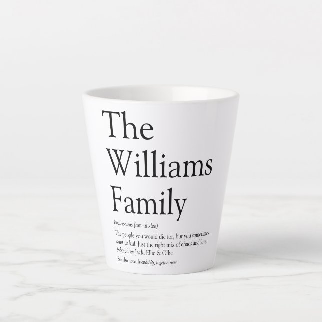 Family Name Definition Black and White Fun Modern Latte Mug (Front)