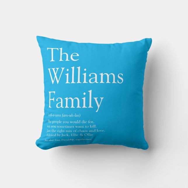 Family Name Definition Fun Modern Blue Cushion (Front)