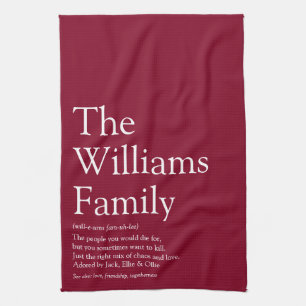 Family Name Definition Fun Modern Burgundy Tea Towel