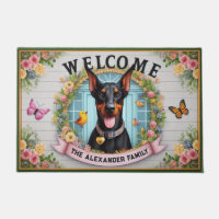 Family Name Doberman Pincher Dog Floral Welcome