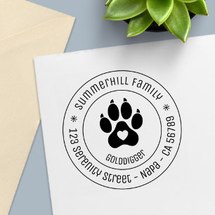 Family Name Dog Paw Print Round Address Self-inking Stamp