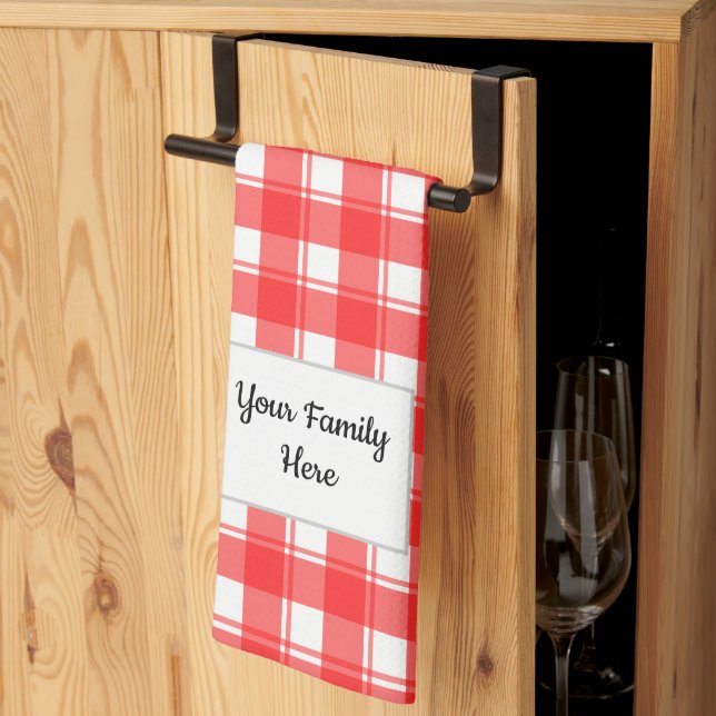 Family Name Editable Red White Retro Plaid Patten Tea Towel (Thirds Fold)