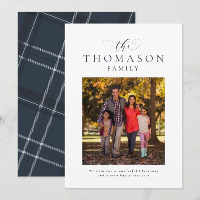 Family name elegant navy blue one-photo Christmas Holiday Card (Front/Back)