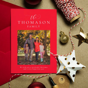 Family name elegant red one-photo Christmas Holiday Card