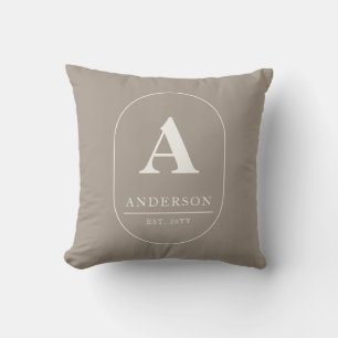 Family Name Established Warm Taupe Custom Monogram Cushion