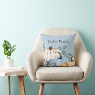 Family Name Fall Farmhouse Blue Grey Pumpkin Patch Cushion