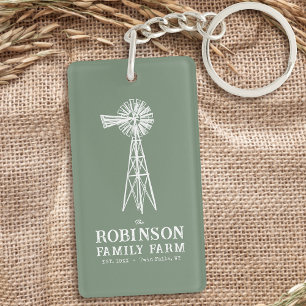 Family Name Farm Rustic Windmill Sage Green 2 Side Key Ring