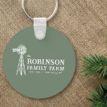 Family Name Farm Rustic Windmill Sage Green Key Ring<br><div class="desc">A beautiful modern rustic themed round keychain, featuring your name and "FAMILY FARM", Ranch, Cottage or other desired text along with its established date and location. This custom, unique design features rustic typography and a vintage homestead style windmill in an elegant white silhouette. The primary colour, sage green is easily...</div>