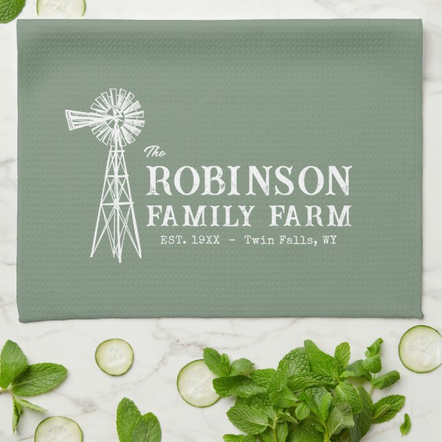 Family Name Farm Rustic Windmill Sage Green Tea Towel (Folded)