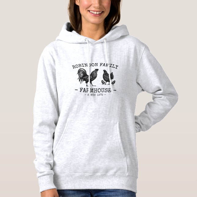 Family Name Farmhouse Hen Chicks Rooster Hoodie (Front)