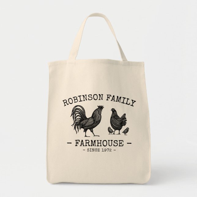 Family Name Farmhouse Hen Chicks Rooster Tote Bag (Front)