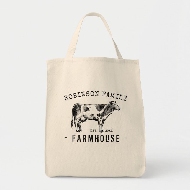 Family Name Farmhouse Rustic Dairy Milk Cow Tote Bag (Front)