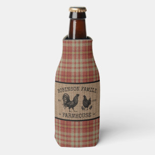 Family Name Farmhouse Vintage Red Plaid Burlap Bottle Cooler