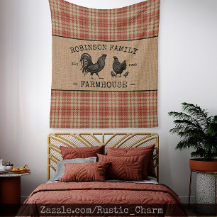 Family Name Farmhouse Vintage Red Plaid Burlap Fleece Blanket