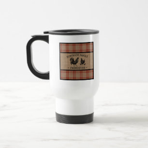 Family Name Farmhouse Vintage Red Plaid Burlap Travel Mug