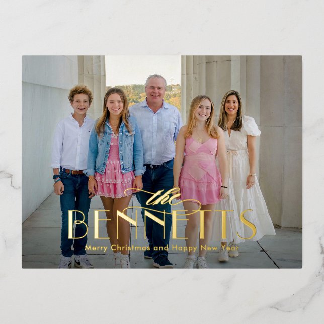 Family Name FOIL Modern Elegant Holiday Postcard (Front)