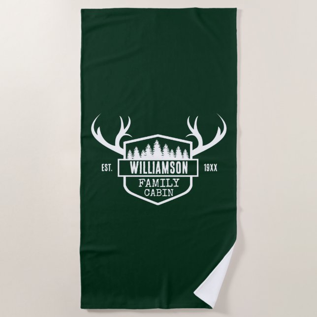 Family Name Forest Cabin Green Beach Towel (Front)
