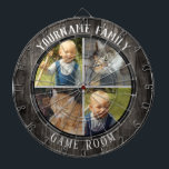 Family Name Four Photo Game Room Dartboard<br><div class="desc">Coloured background with custom name and four photo option in the centre of the board. Other colours available in the shop. Faux wood texture.</div>