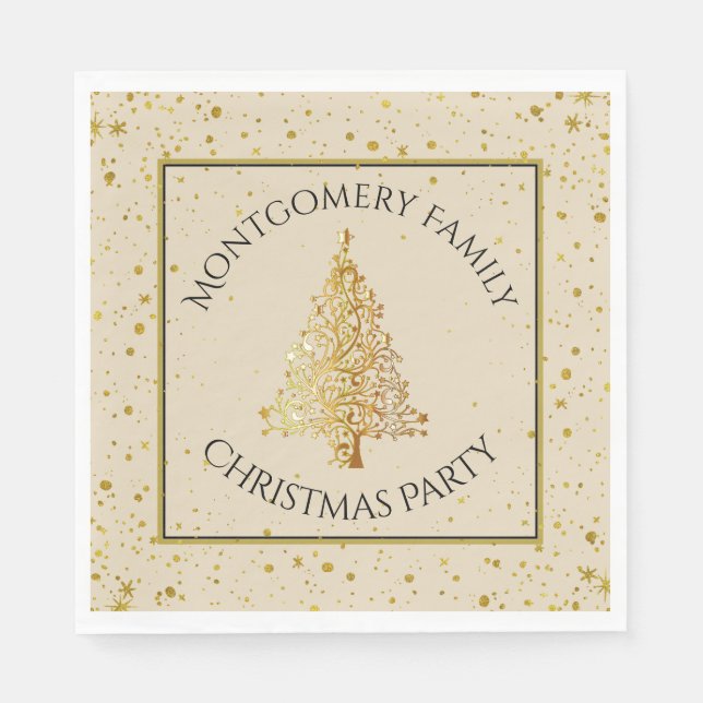 Family Name, Gold Christmas Tree, Party Napkin (Front)