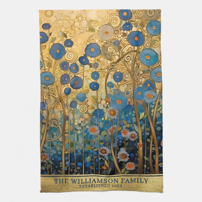 Family Name Gold Floral Klimt Style Art Tea Towel (Vertical)