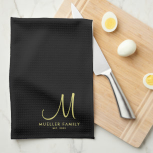 Family Name Gold Monogram Black Personalised Tea Towel