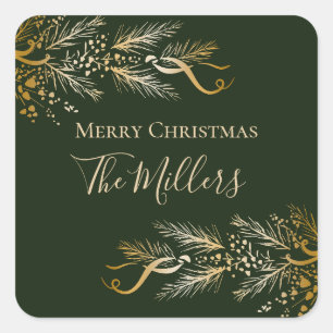Family Name Green Gold Original Merry Christmas Square Sticker