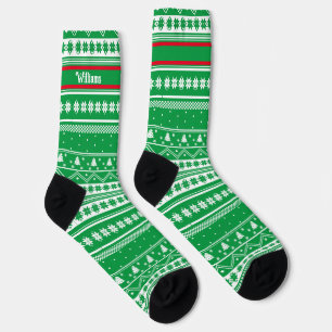Family Name Green Nordic Sweater Christmas Pattern Socks