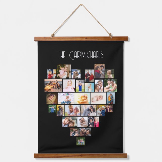 Family Name Heart Shape Photo Collage 29 Pic Black Hanging Tapestry (Front)
