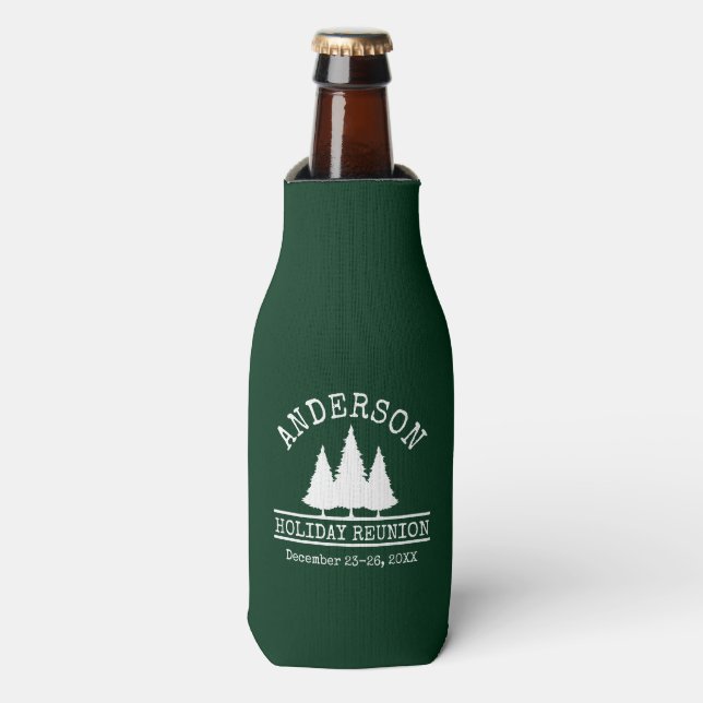 Family Name Holiday Reunion Pine Trees Green Bottle Cooler (Bottle Front)
