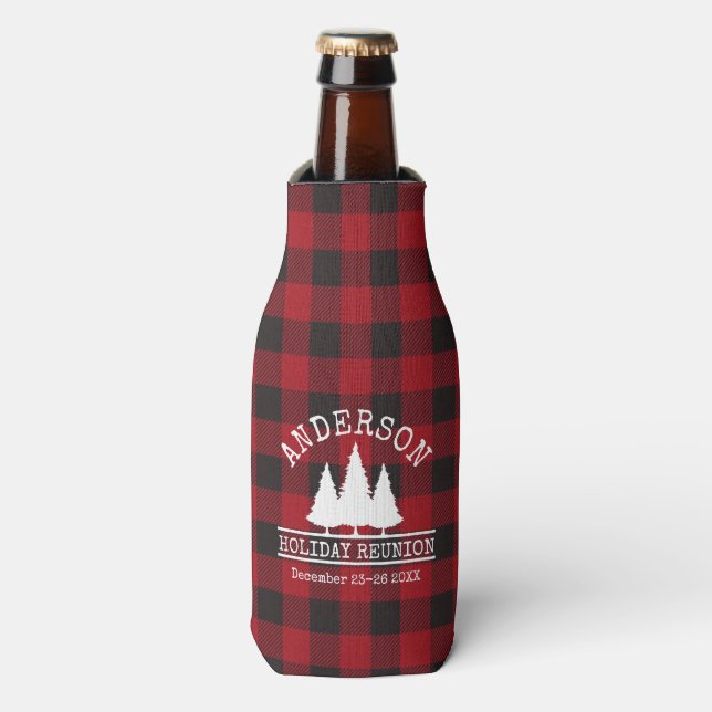 Family Name Holiday Reunion Pines Red Plaid Bottle Cooler (Bottle Front)