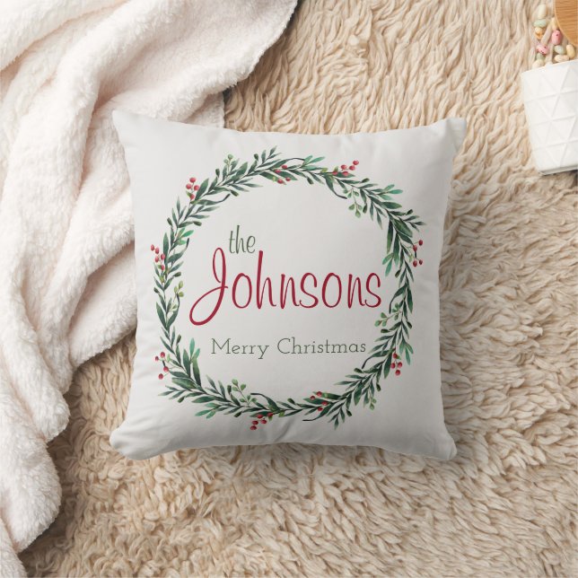Family Name Holly Wreath Merry Christmas Cushion (Blanket)