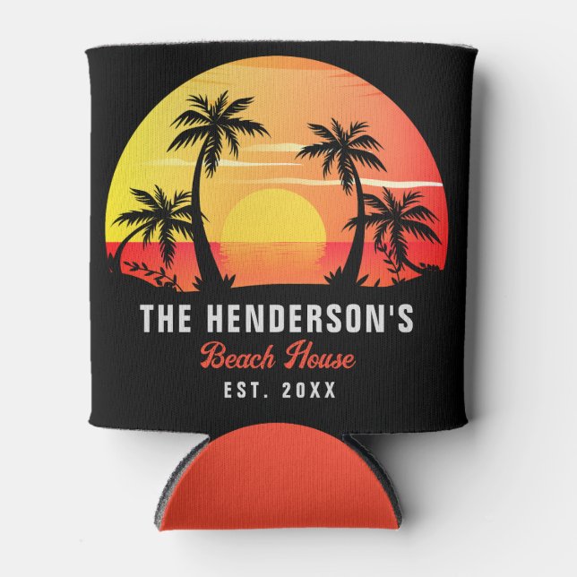 Family Name House Beach Retro Sunset Souvenirs 60s Can Cooler (Front)