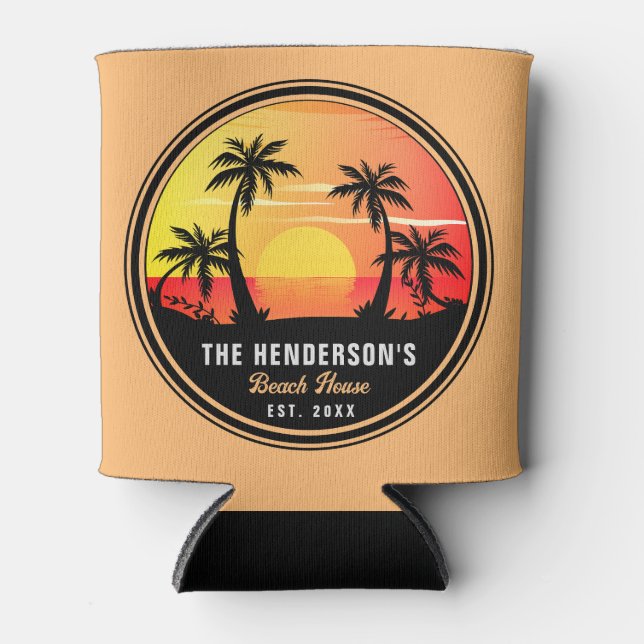 Family Name House Beach Retro Sunset Souvenirs 60s Can Cooler (Front)