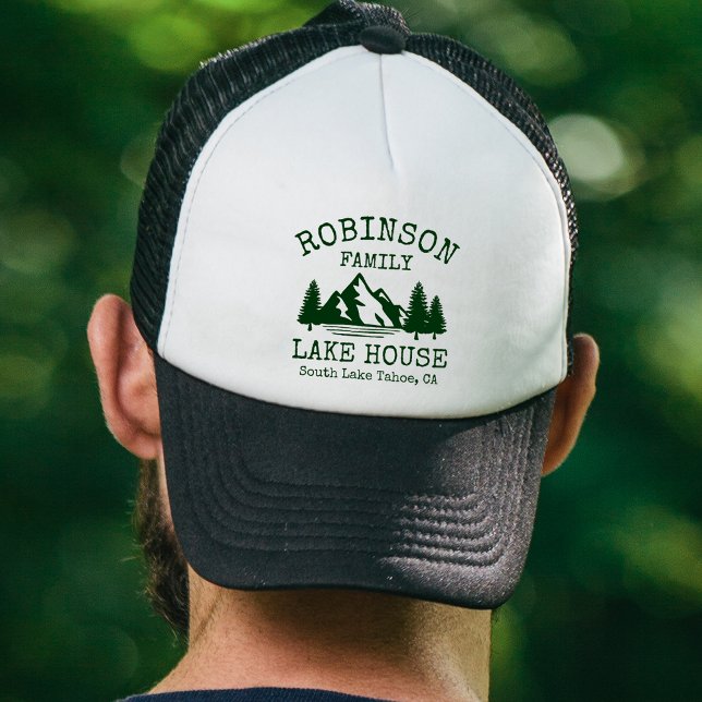 Family Name Lake House Forest Green Silhouette Trucker Hat (Lake House, Cabin or other desired text. Several colors to choose from)