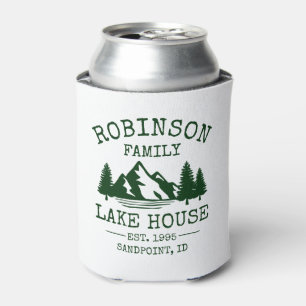 Family Name Lake House Forest Green Trees Can Cooler