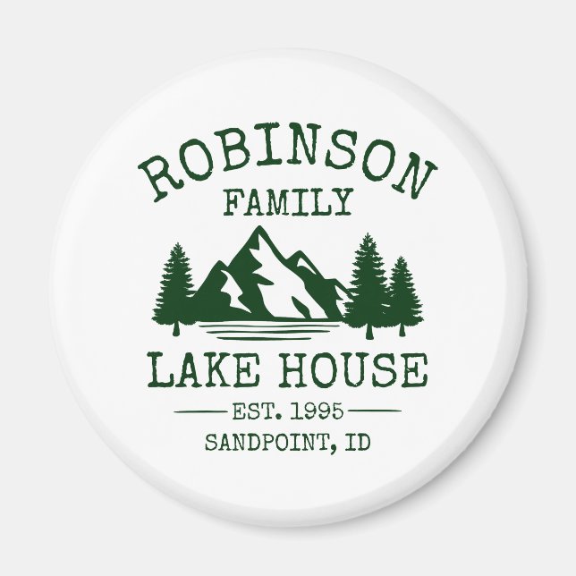 Family Name Lake House Forest Green Trees Magnet (Front)