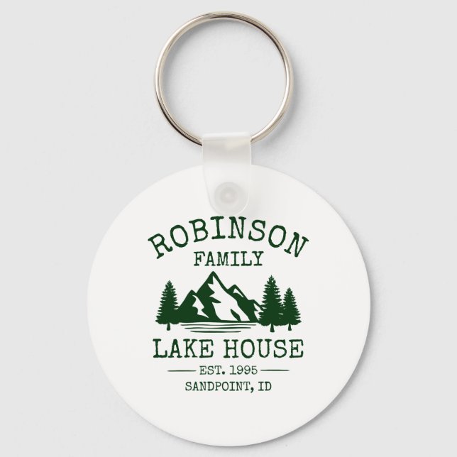 Family Name Lake House Forest Green Trees Round Key Ring (Front)