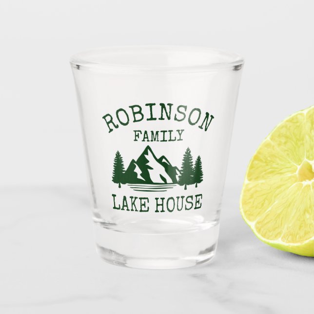 Family Name Lake House Forest Green Trees Shot Glass (Front)