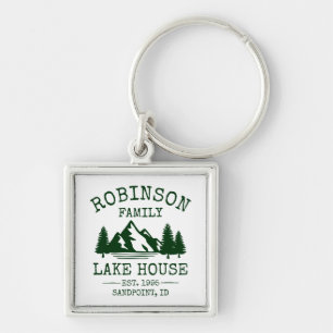 Family Name Lake House Forest Green Trees Silver Key Ring