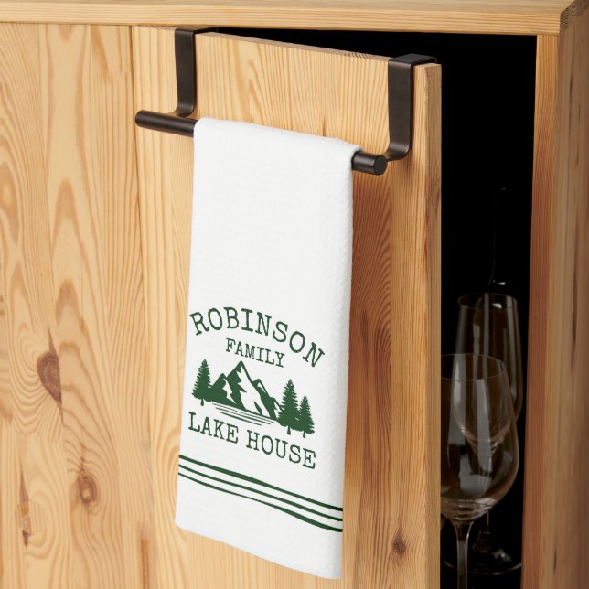 Family Name Lake House Forest Green Trees Tea Towel (Thirds Fold)