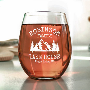 Family Name Lake House Forest Mountains Trees Stemless Wine Glass