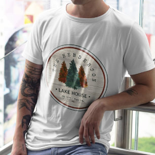 Family Name Lake House Pine Tree wood background T-Shirt