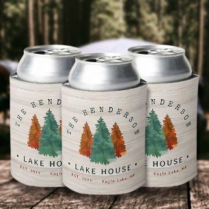 Family Name Lake House Pine Tree wood Personalised Can Cooler