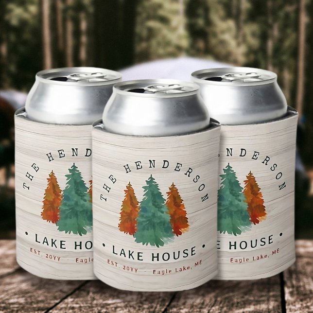 Family Name Lake House Pine Tree wood Personalised Can Cooler (Creator Uploaded)