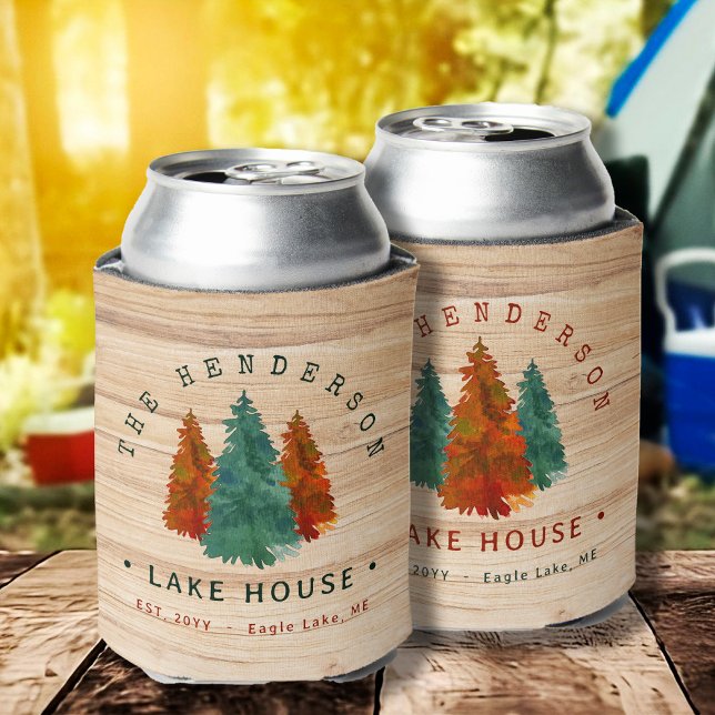 Family Name Lake House Pine Tree wood Personalised Can Cooler (Creator Uploaded)