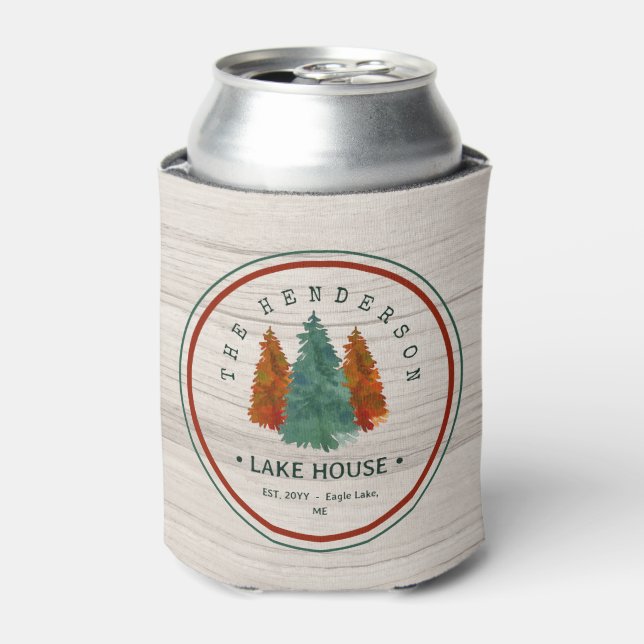 Family Name Lake House Pine Tree wood Personalised Can Cooler (Can Front)