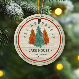 Family Name Lake House Pine Tree wood Personalised Ceramic Tree Decoration