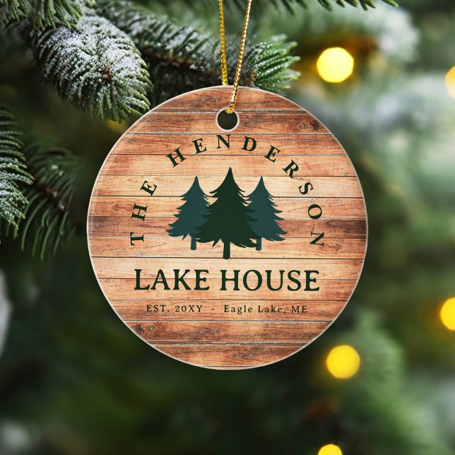 Family Name Lake House Pine Tree wood Personalised Ceramic Tree Decoration (Creator Uploaded)